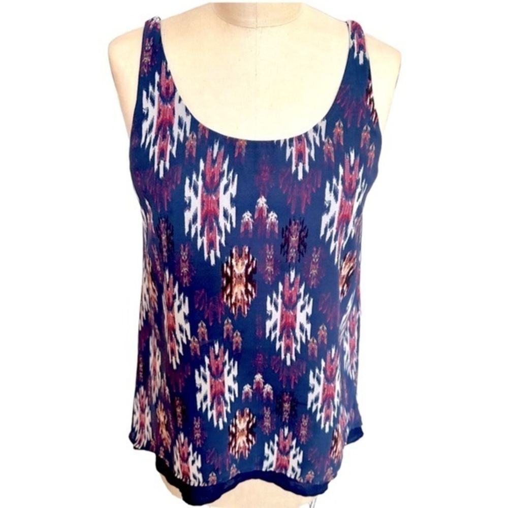 Massini Silky Navy Blue Burgundy Boho Aztec Tank Top Camisole Career Casual